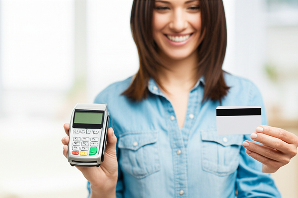 Woman holding a payment device